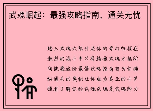 武魂崛起：最强攻略指南，通关无忧